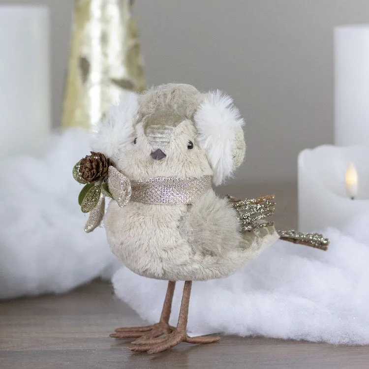 6" Beige and White Plush Bird In Earmuffs Christmas Figurine