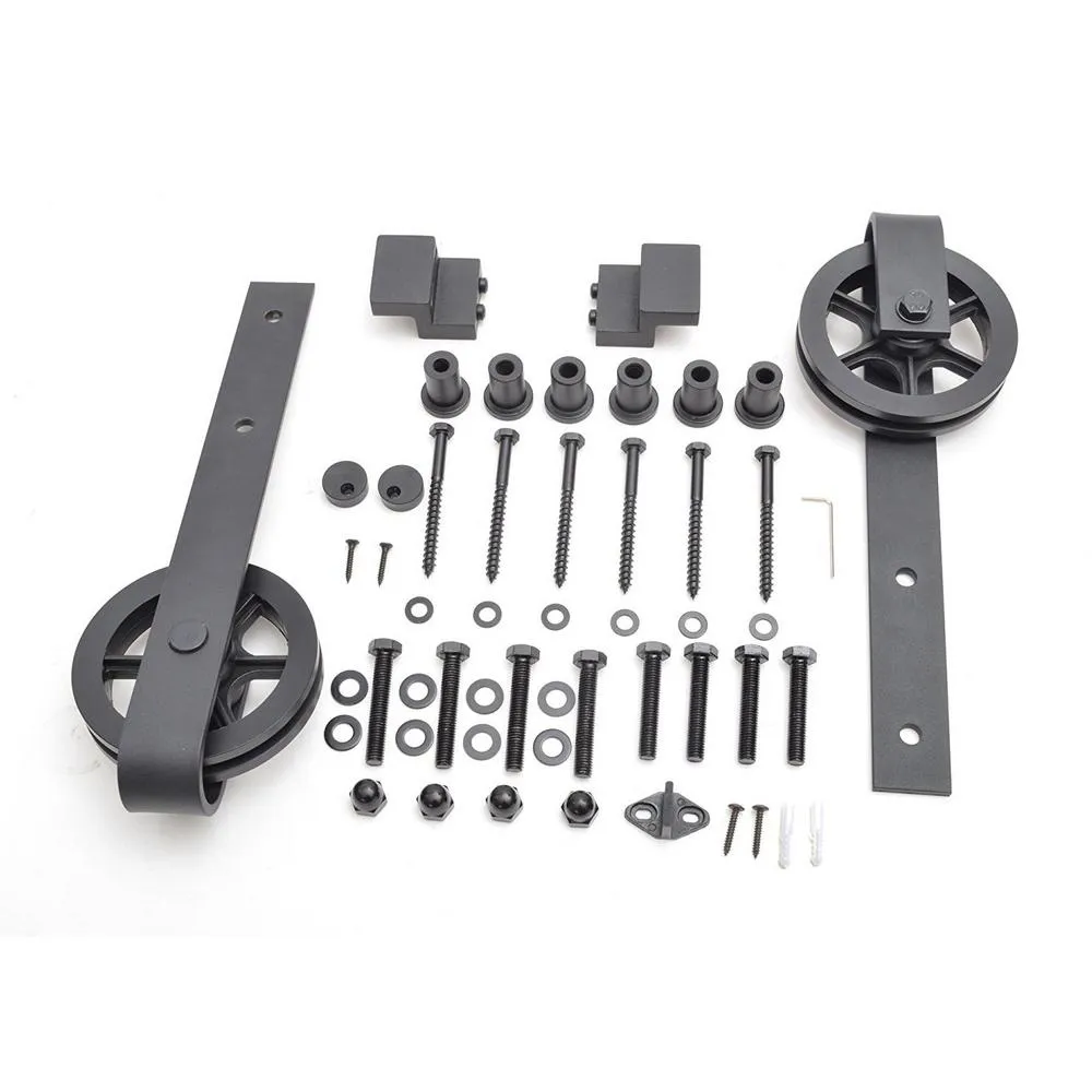 96 in. Matte Balck Wheel Sliding Door Track and Hardware Set