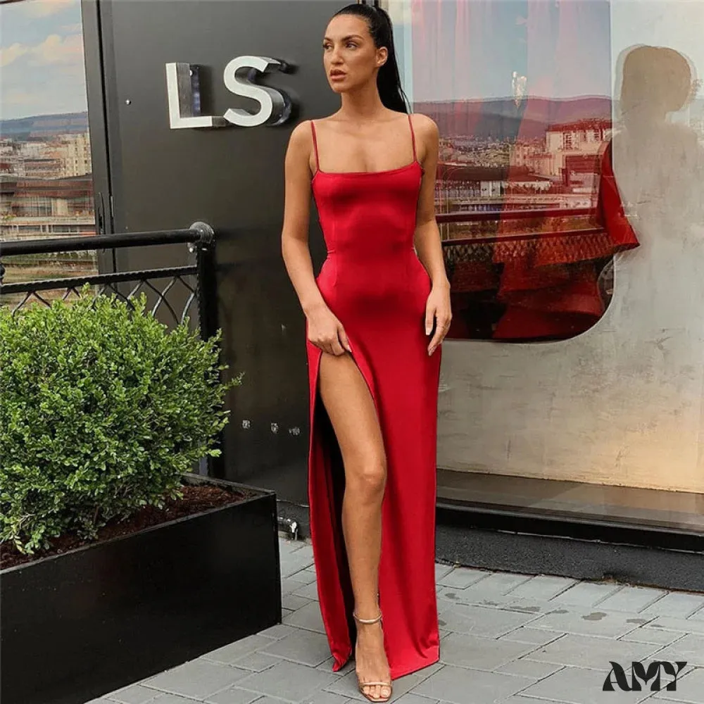 Amy Fashion - Sexy Strap Split Summer Elastic Long Dresses