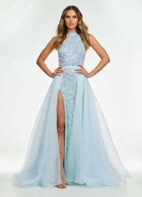 Ashley Lauren 1740 Size 0 Light Blue Long Organza Pageant Overskirt Wire Hem Layered Train Detachable