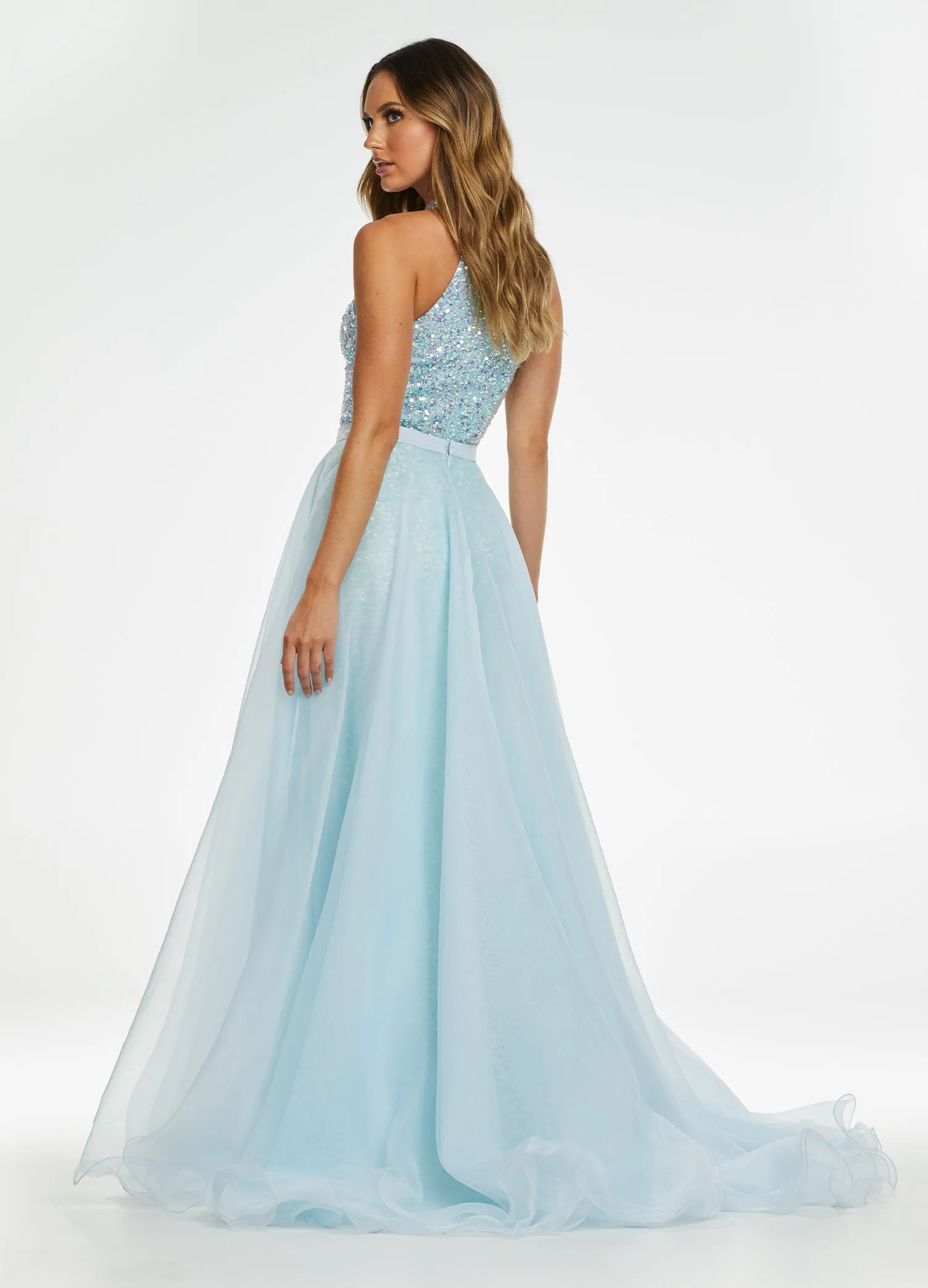 Ashley Lauren 1740 Size 0 Light Blue Long Organza Pageant Overskirt Wire Hem Layered Train Detachable