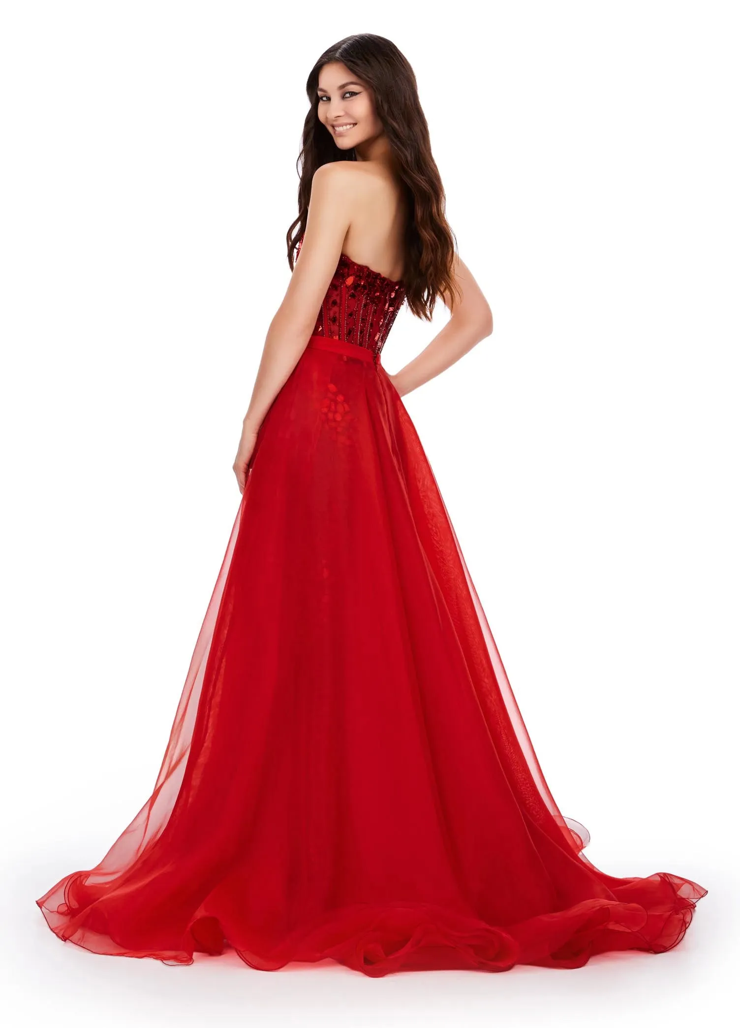 Ashley Lauren 1740 Size 0,8,12 Red Long Organza Pageant Overskirt Wire Hem Layered Train Detachable