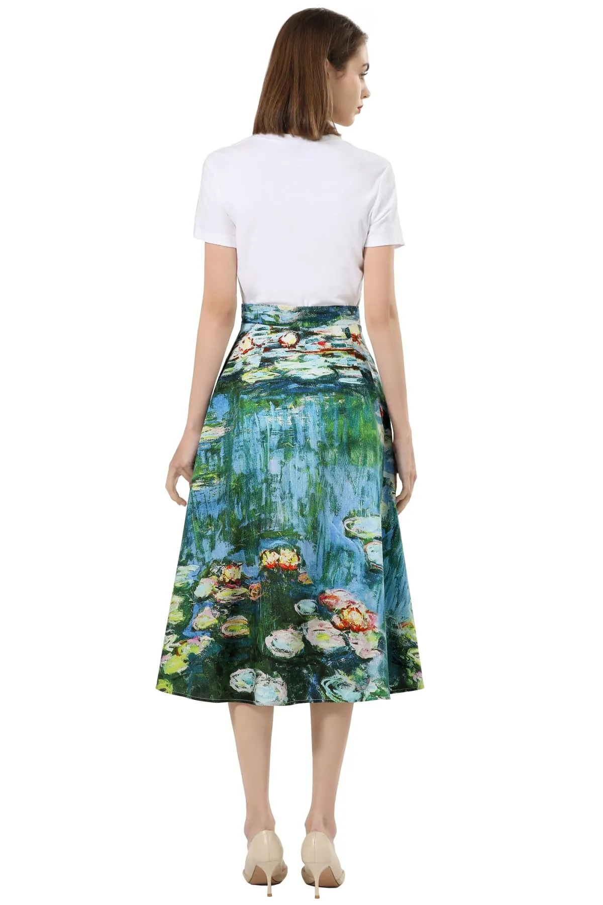 Beautiful Monet Water Lilies A Line Placed Print Cotton Skirt with Pockets