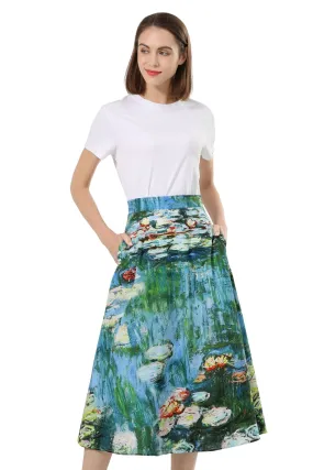 Beautiful Monet Water Lilies A Line Placed Print Cotton Skirt with Pockets