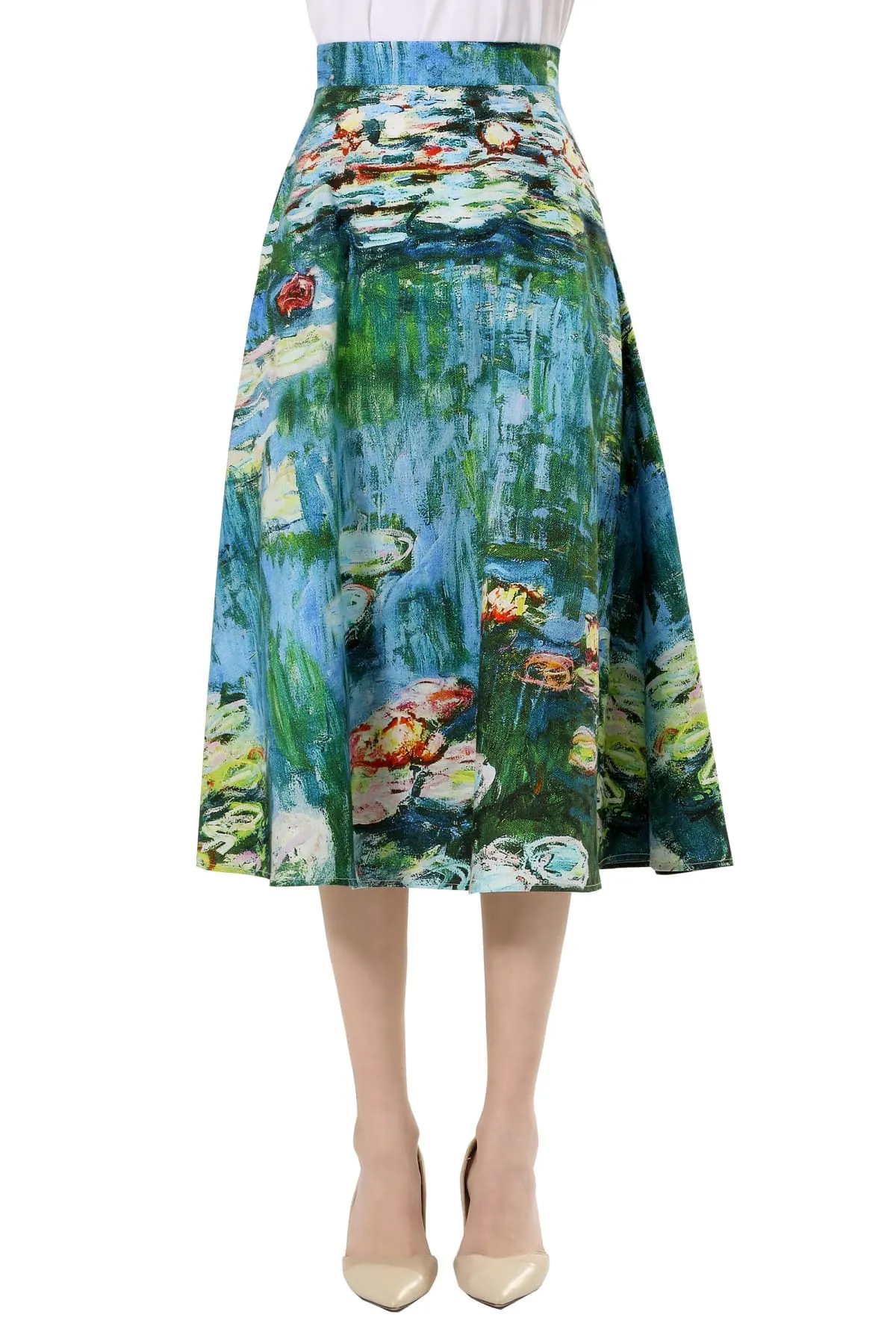 Beautiful Monet Water Lilies A Line Placed Print Cotton Skirt with Pockets