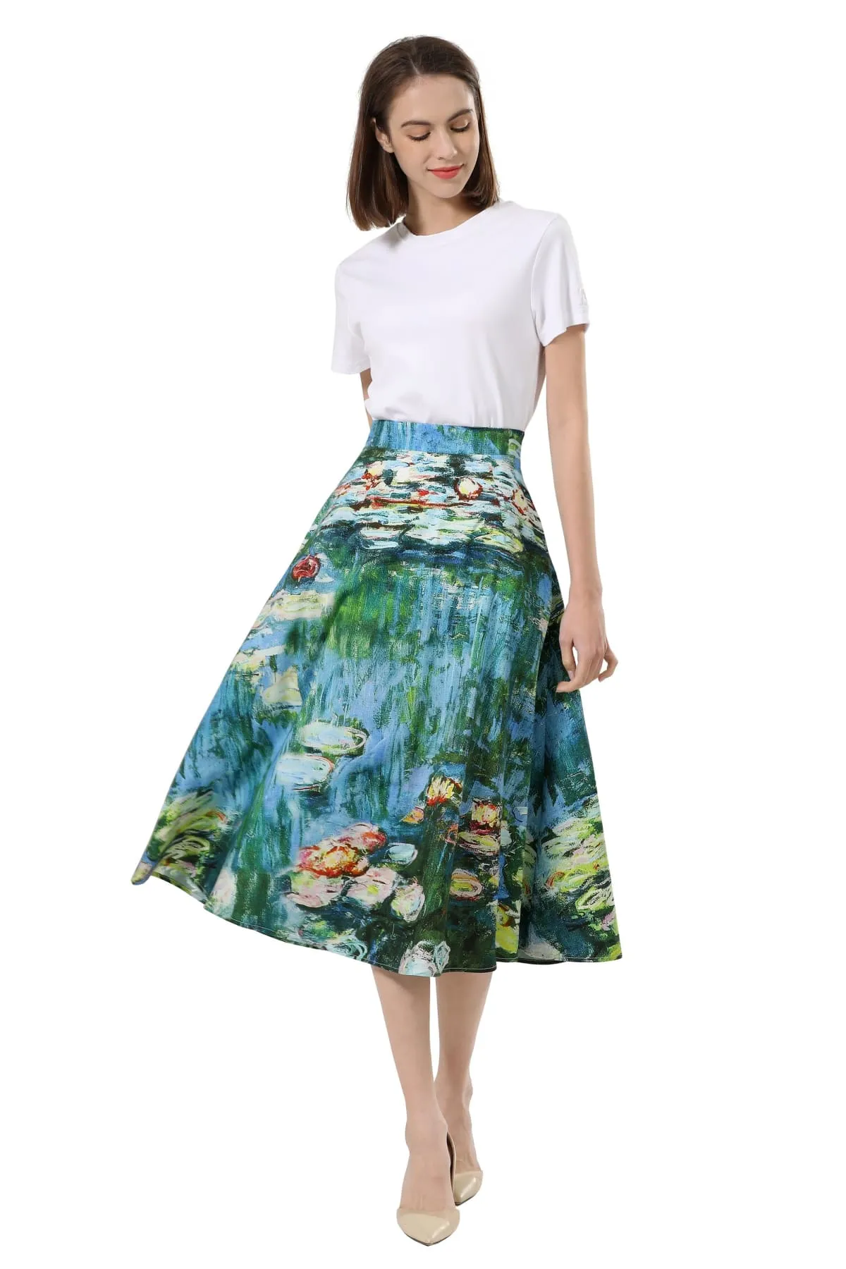 Beautiful Monet Water Lilies A Line Placed Print Cotton Skirt with Pockets