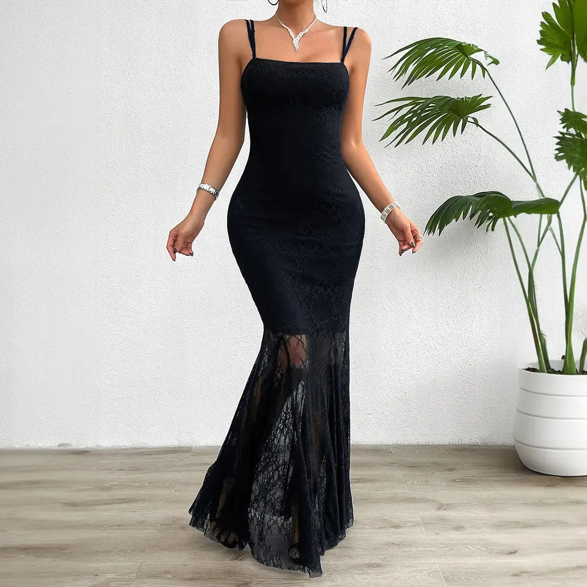 Black Lace Panel Maxi Dress