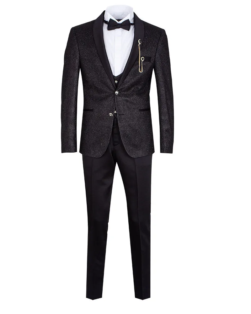 Black Men's Three Piece Glitter Wedding Suit Contrasting Lapel