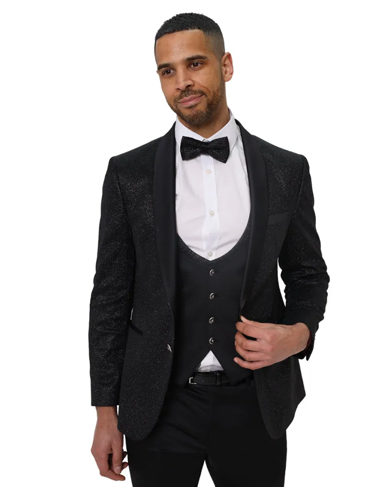 Black Men's Three Piece Glitter Wedding Suit Contrasting Lapel