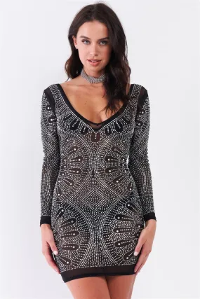 Black Rhinestone Studded Sheer Mesh Deep V-Neck Long Sleeve Bodycon Dress /1-1-1-1