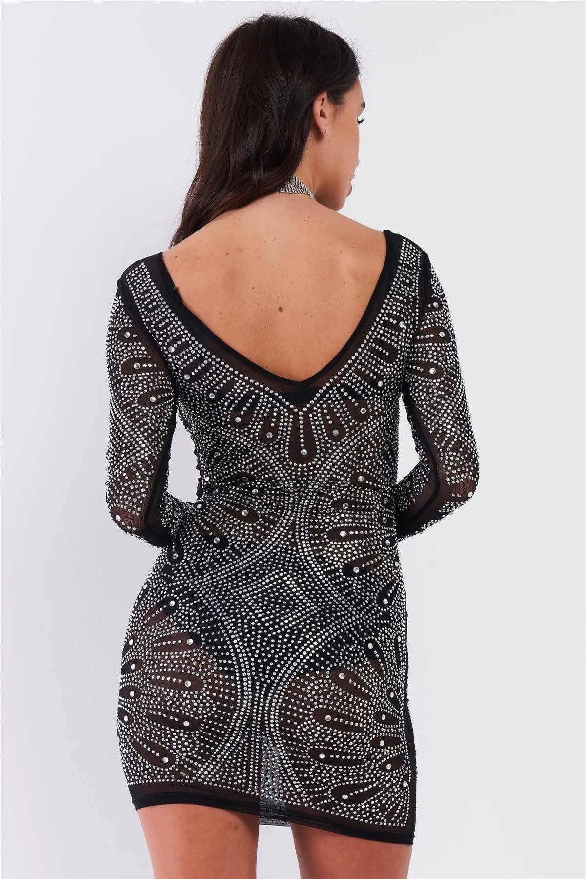 Black Rhinestone Studded Sheer Mesh Deep V-Neck Long Sleeve Bodycon Dress /1-1-1-1