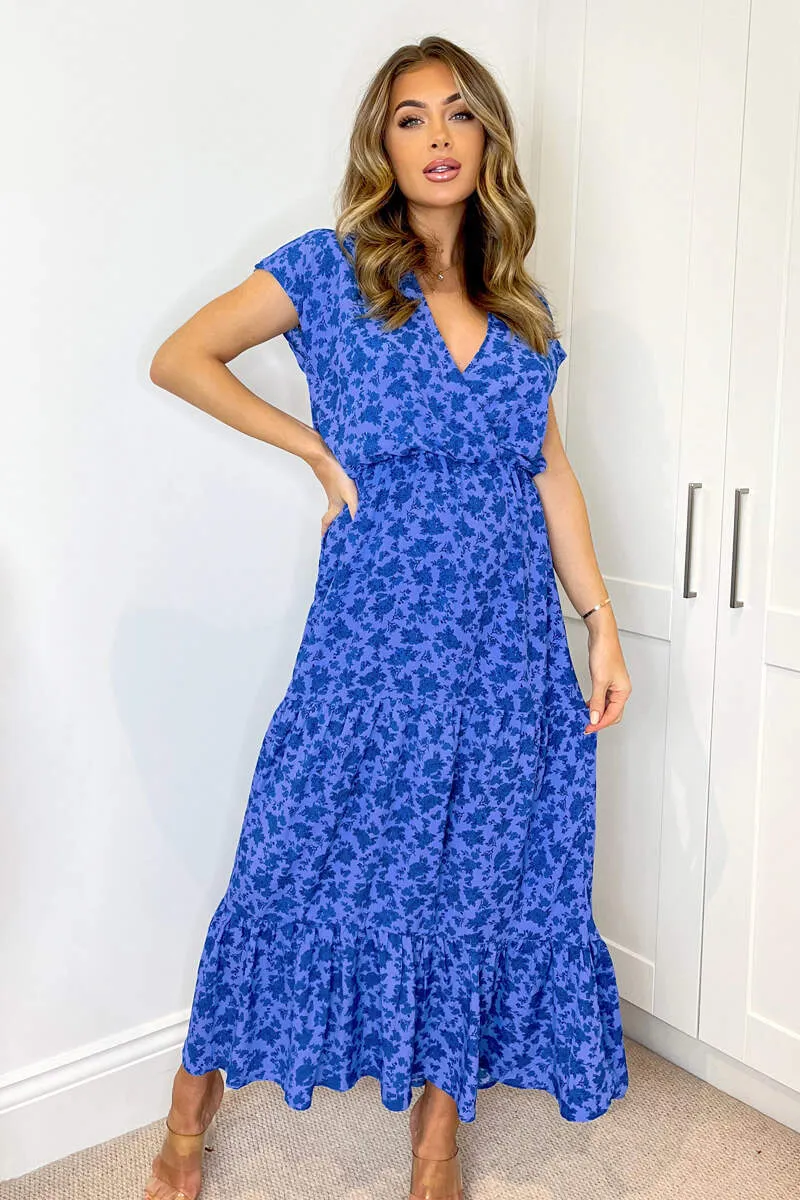 Blue Floral Printed Short Sleeved V-Neck Midi Smock Dress