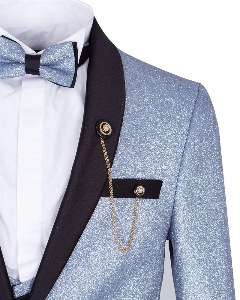 Blue Men's 4 Piece Glitter Wedding Suit Contrasting Lapel