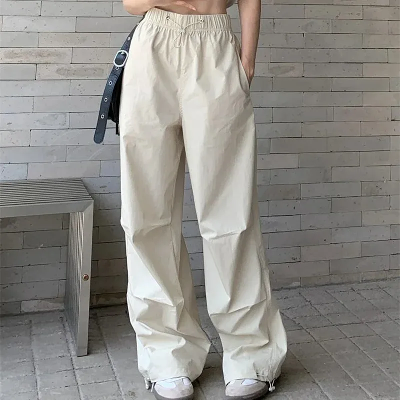 Bonnyshow American Vintage Women Loose Cargo Pants Summer Fashion Elastic High Waist Drawstring Solid Thin Casual Straight Sports Trousers