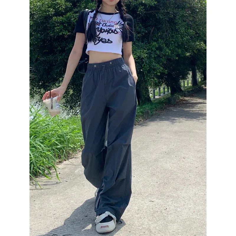 Bonnyshow American Vintage Women Loose Cargo Pants Summer Fashion Elastic High Waist Drawstring Solid Thin Casual Straight Sports Trousers