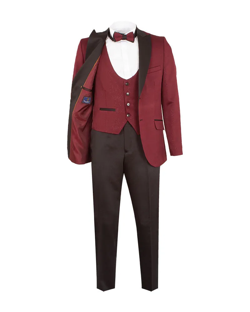 Burgundy Men's 4 Piece Glitter Suit Contrasting Lapel