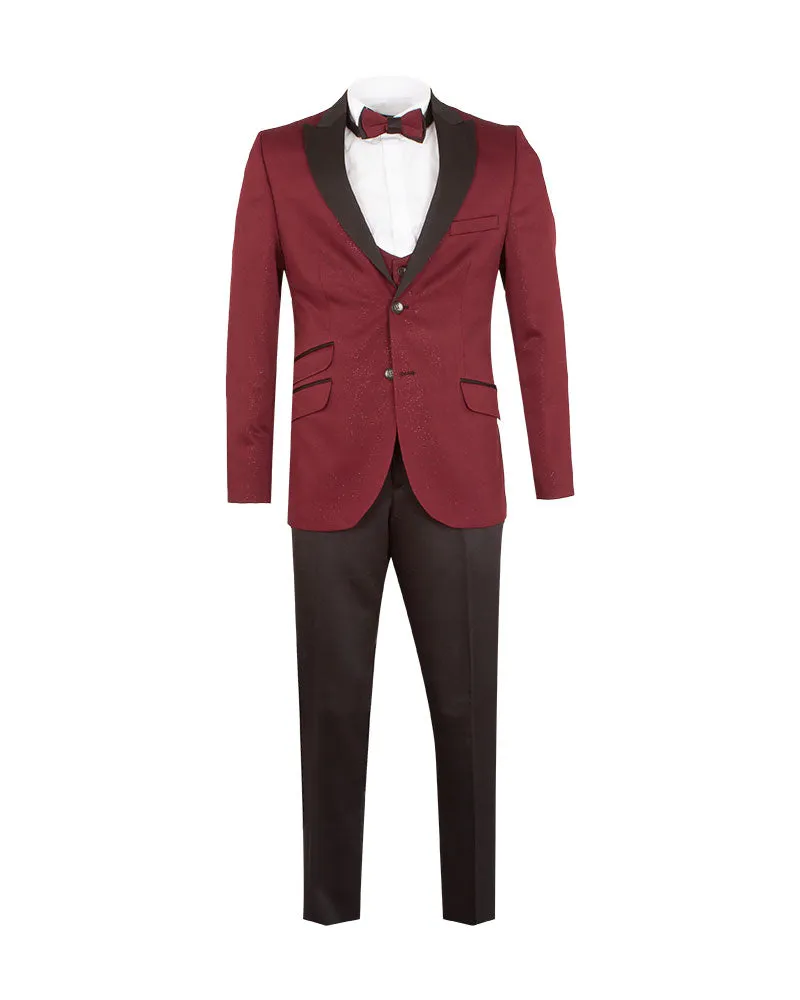 Burgundy Men's 4 Piece Glitter Suit Contrasting Lapel