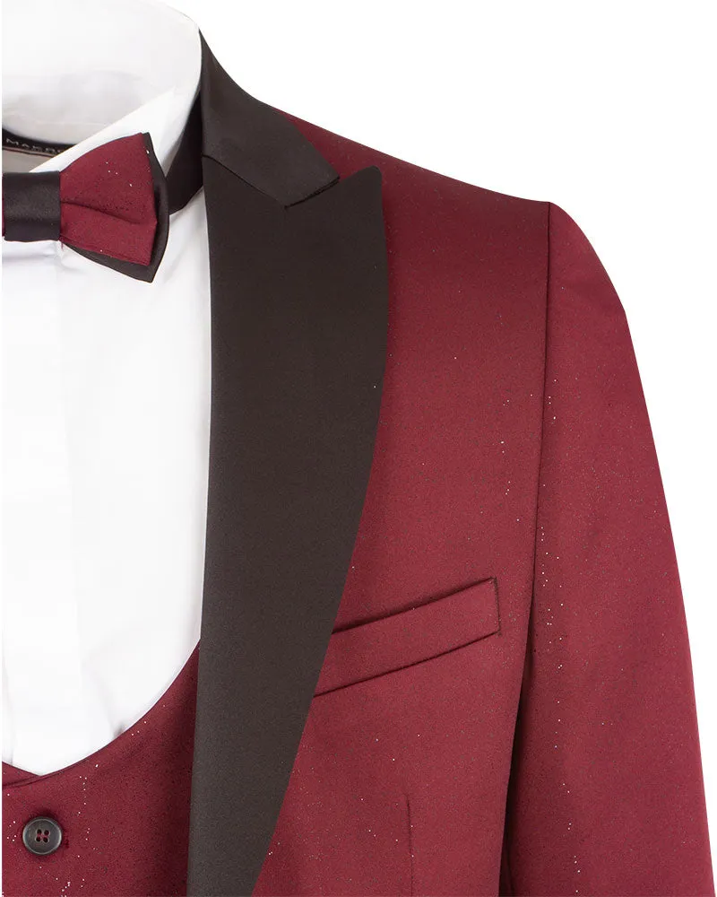 Burgundy Men's 4 Piece Glitter Suit Contrasting Lapel