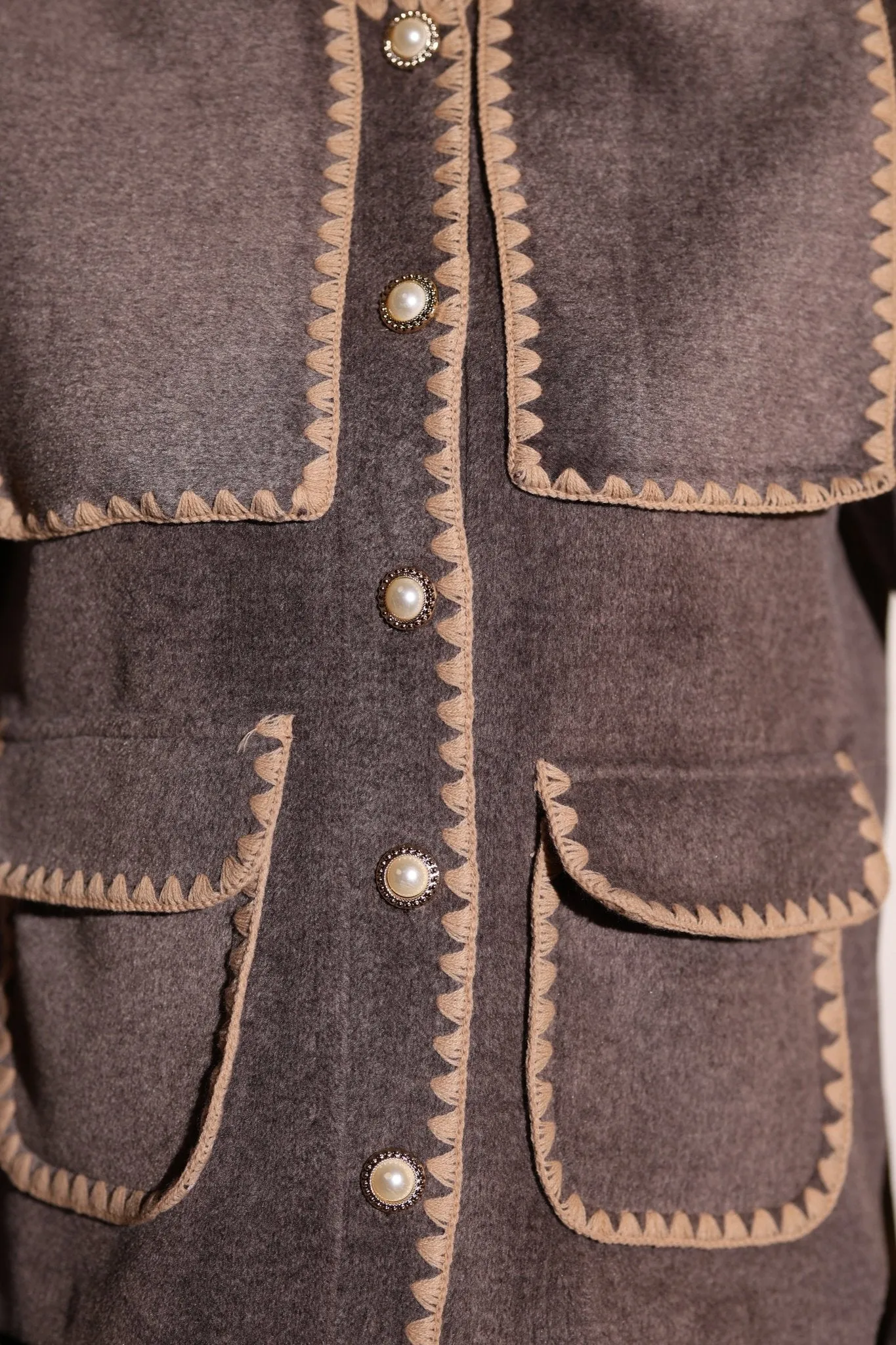 Cachet Jacket with Shepherd Stitch Detail, Collar, and Pocket Accents