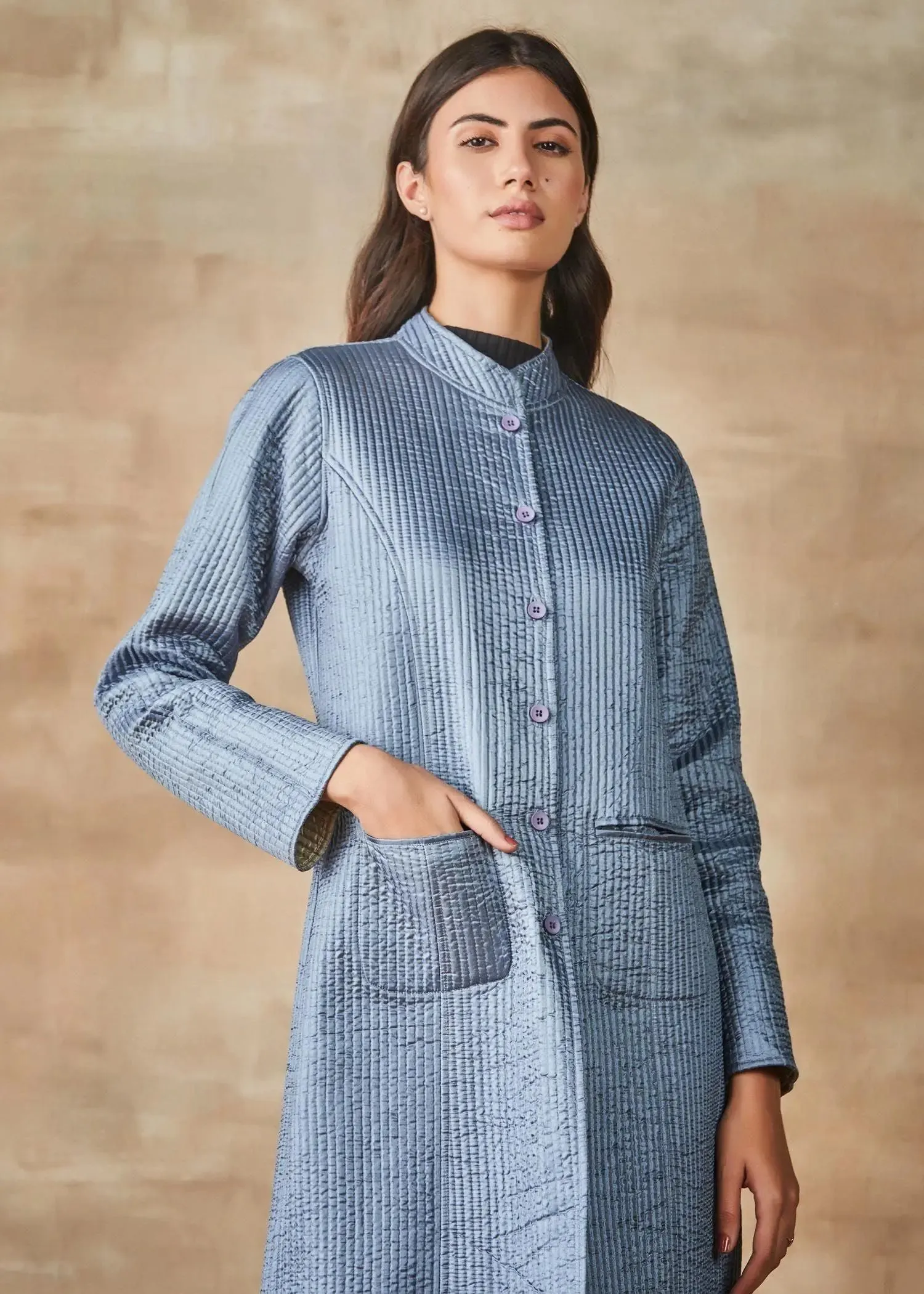 Cigarette Blue and Silver Grey Paper Silk Reversible Quilted Long Coat