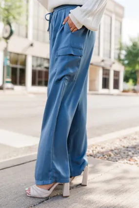 Cool Touch Blue Satin Cargo Pull On Pants FINAL SALE