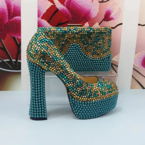 Crystal Teal Blue and Gold Platform Shoes and Matching Clutch Bag Set