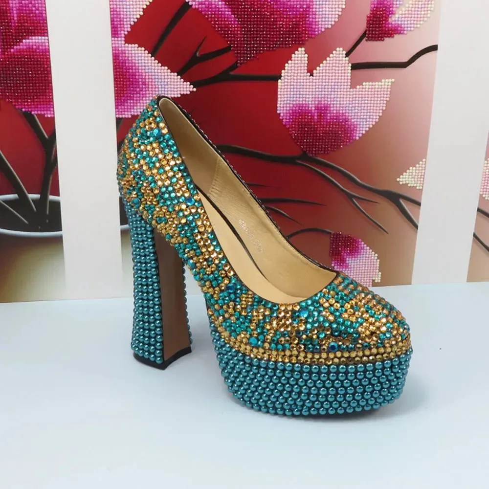 Crystal Teal Blue and Gold Platform Shoes and Matching Clutch Bag Set