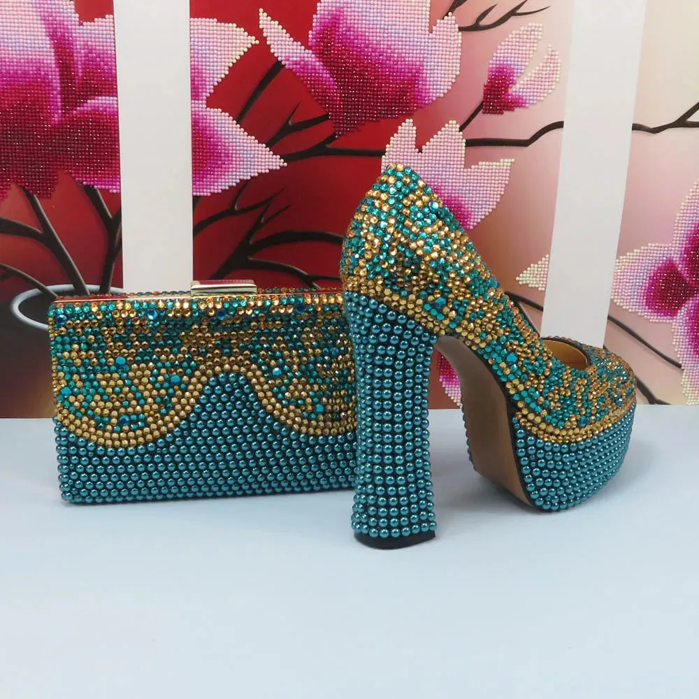 Crystal Teal Blue and Gold Platform Shoes and Matching Clutch Bag Set