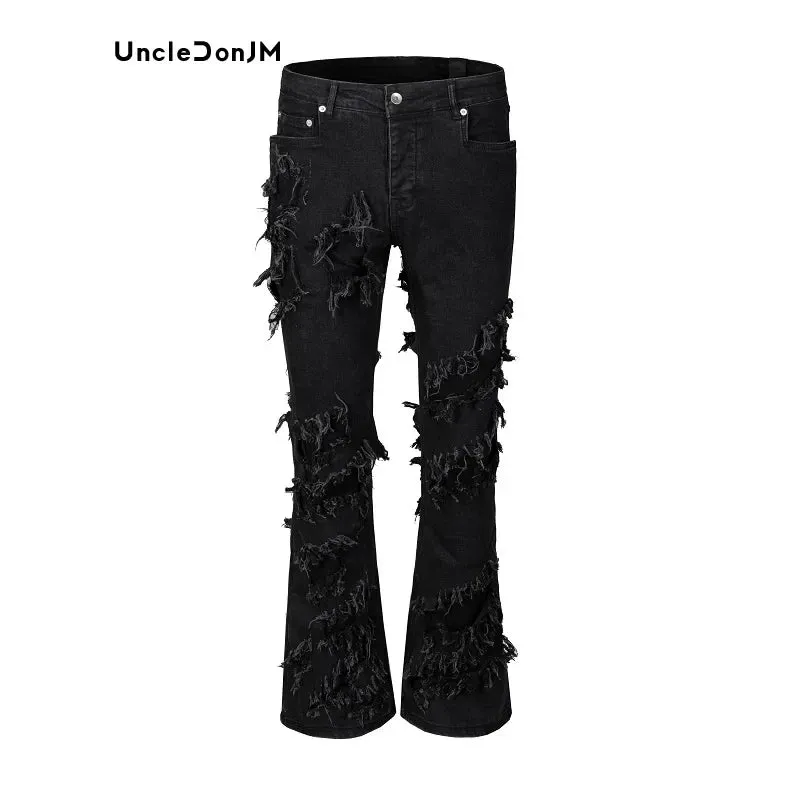 Damage Y2k Black Ripped Gothic Flare Pants Skinny Jeans - Men Street Wear