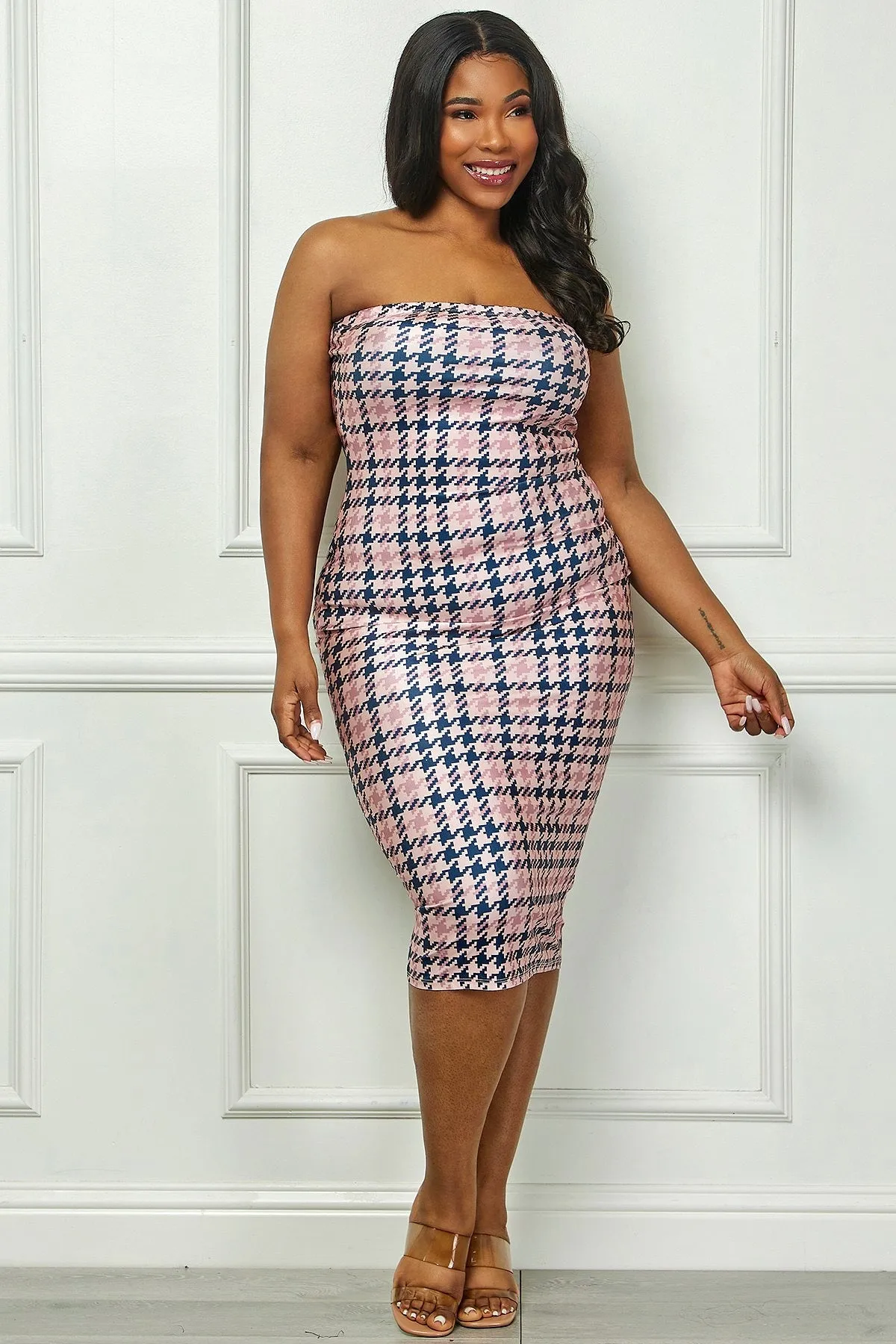 Damari Printed Bodycon Tube Plus Size Midi Dress - Pink