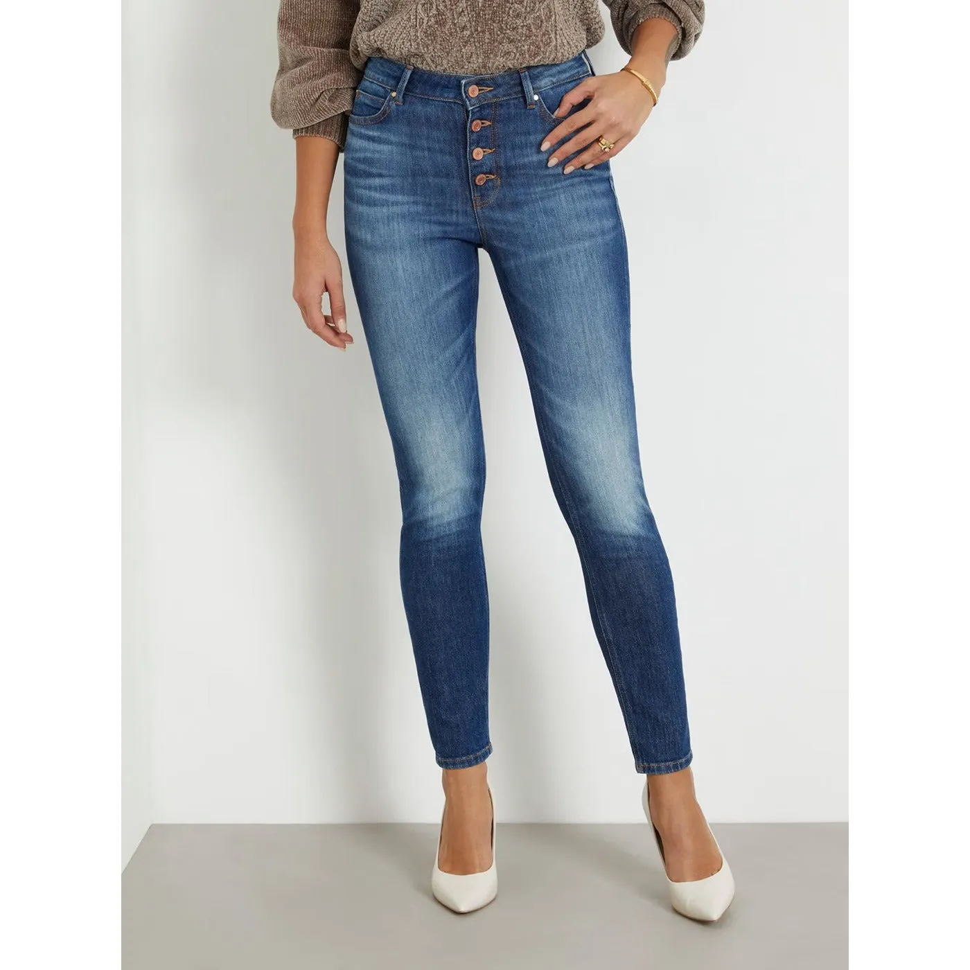 Dark Blue High Rise Button Fly Skinny Jeans