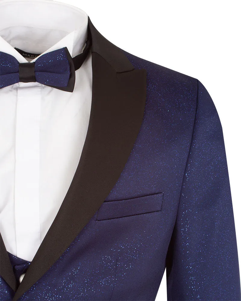 Dark Blue Men's 4 Piece Glitter Suit Contrasting Lapel