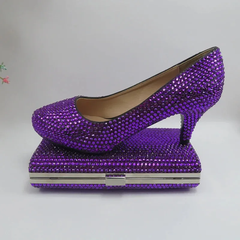 Dark Purple Crystal High Heel Shoes with Matching Clutch Bag