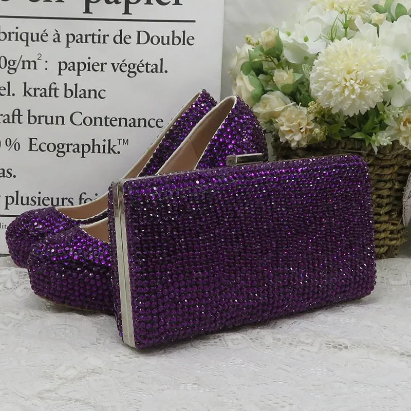 Dark Purple Crystal High Heel Shoes with Matching Clutch Bag