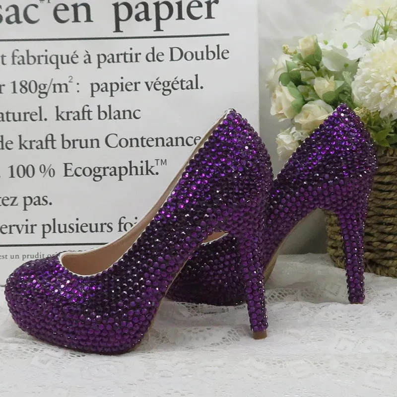 Dark Purple Crystal High Heel Shoes with Matching Clutch Bag