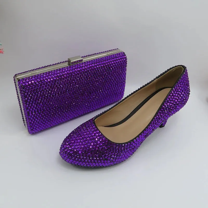 Dark Purple Crystal High Heel Shoes with Matching Clutch Bag