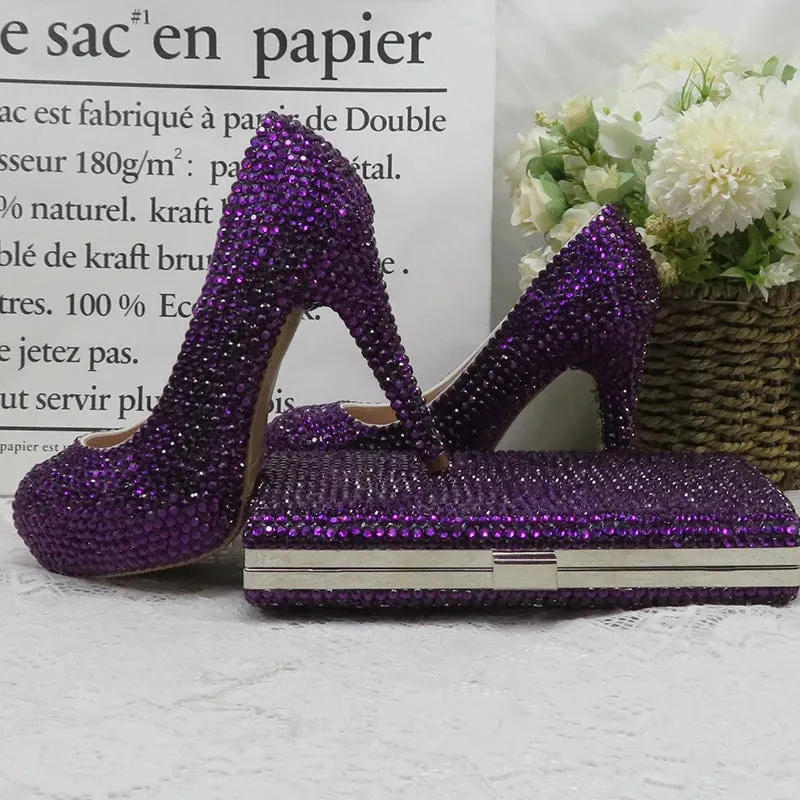 Dark Purple Crystal High Heel Shoes with Matching Clutch Bag