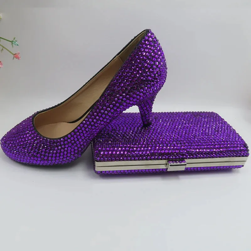 Dark Purple Crystal High Heel Shoes with Matching Clutch Bag