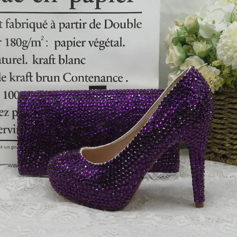 Dark Purple Crystal High Heel Shoes with Matching Clutch Bag