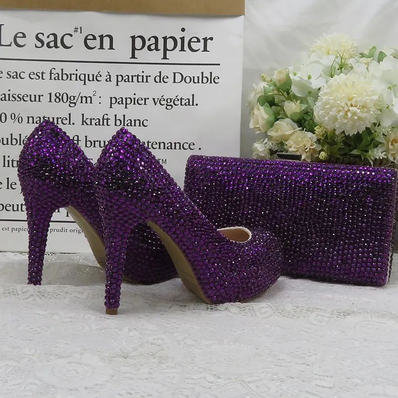 Dark Purple Crystal High Heel Shoes with Matching Clutch Bag