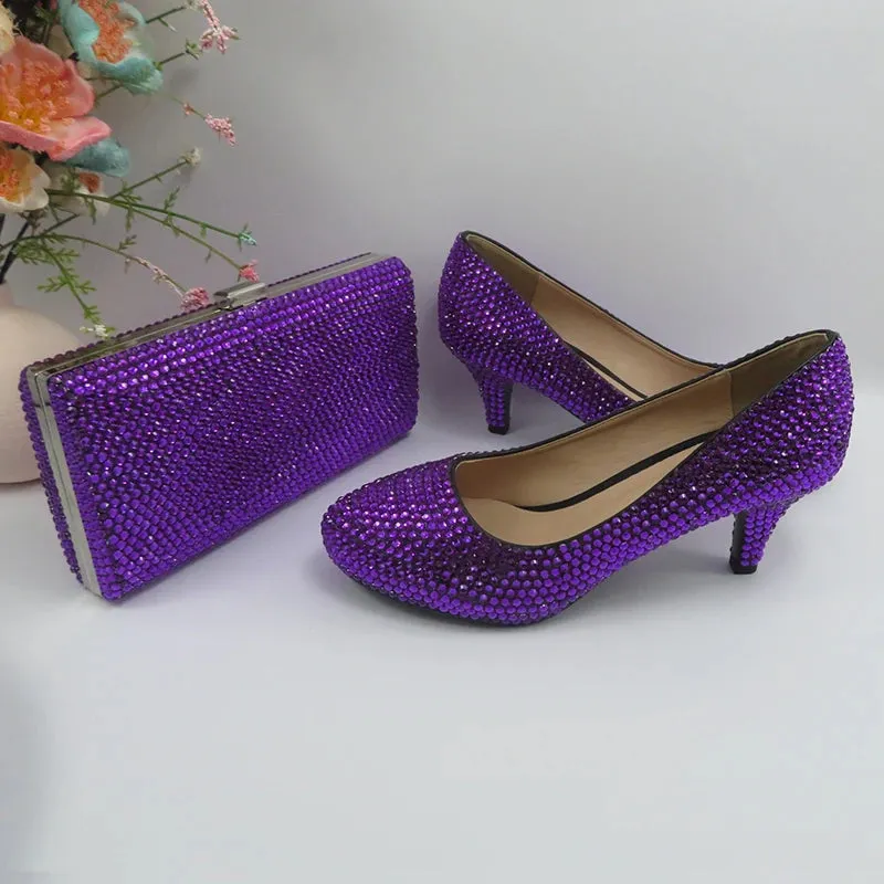 Dark Purple Crystal High Heel Shoes with Matching Clutch Bag