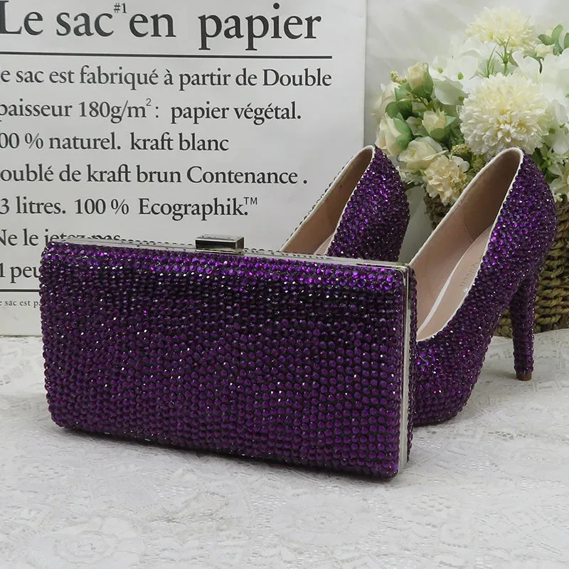 Dark Purple Crystal High Heel Shoes with Matching Clutch Bag