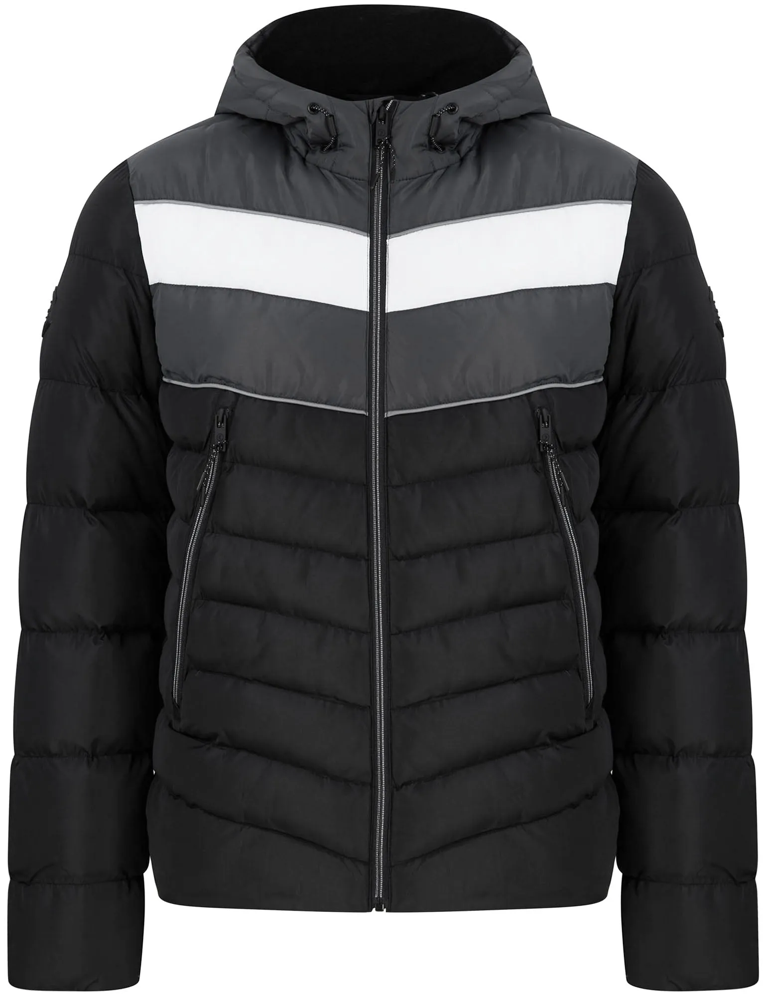 Devonte Chevron Quilted Puffer Jacket with Hood in Jet Black - Dissident