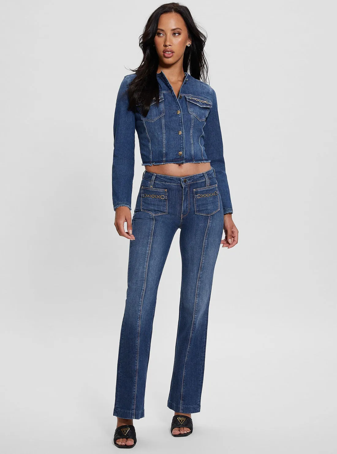 Eco Mid-Rise Bootleg Cut Chain Denim Jeans in Dark Wash