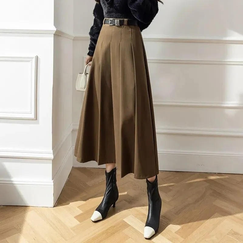 Elegant Vintage Woolen Skirt for Women | High Waist Pleated Design, Stylish