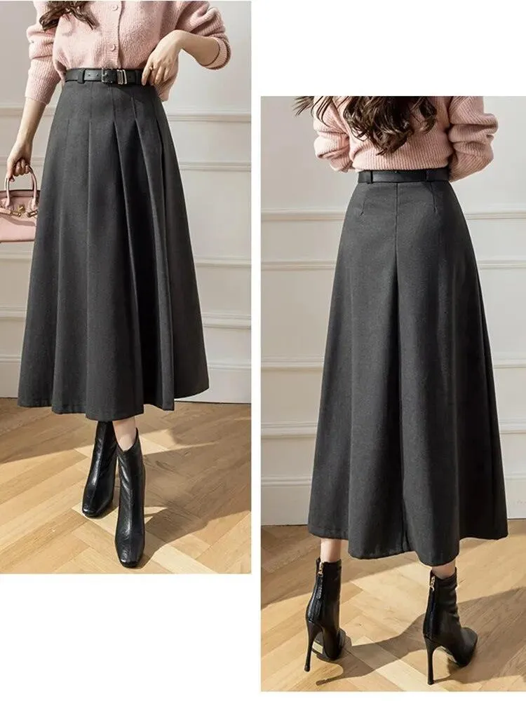 Elegant Vintage Woolen Skirt for Women | High Waist Pleated Design, Stylish