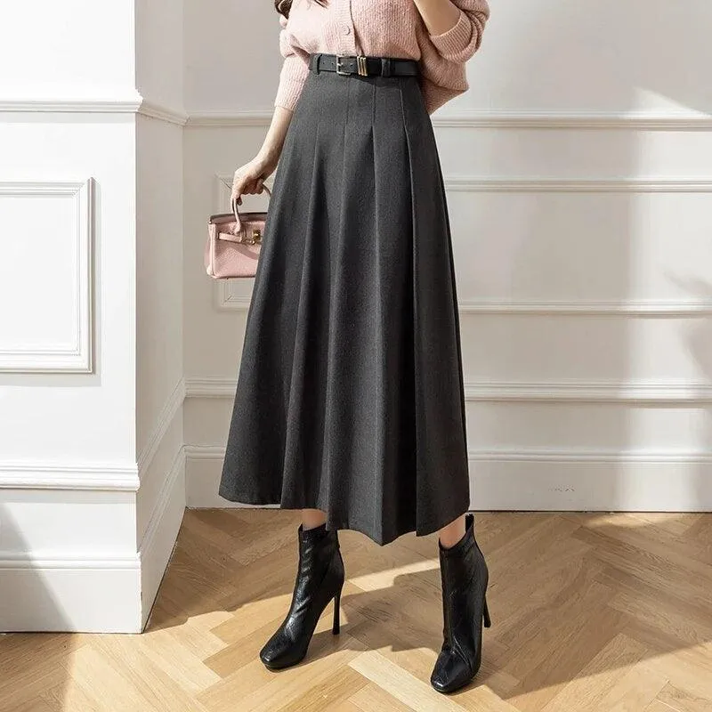 Elegant Vintage Woolen Skirt for Women | High Waist Pleated Design, Stylish