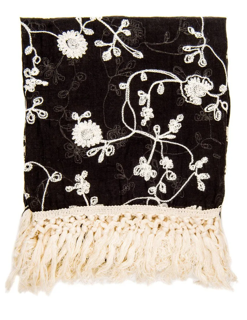 Embroidered Vine Scarf with Tassles