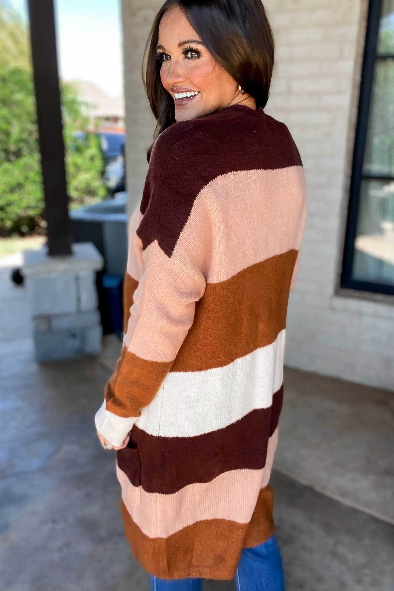 Every Aspect Sepia And Pink Long Sleeve Open Front Color Block Cardigan