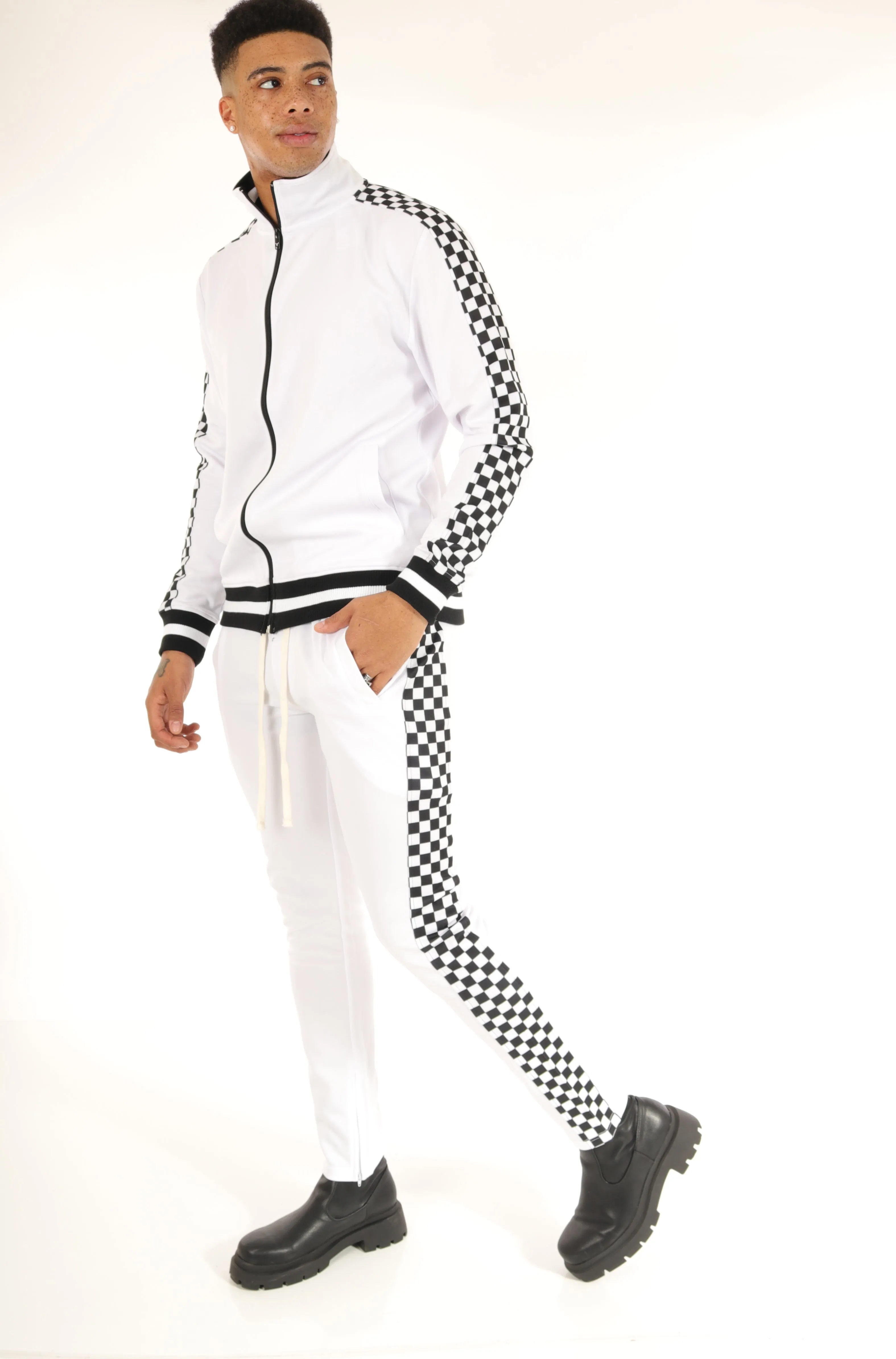 F11854-Checker Track Jacket -WHITE